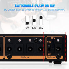 Load image into Gallery viewer, JOYO Built-in 4400mAh Rechargeable Battery Guitar Effect Pedal Power Supply 8 Outputs 9V 12V 18V (100mA, 500mA) Jacks & 5V/1A USB Port (JP-05)