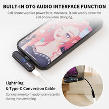 Load image into Gallery viewer, JOYO Wireless Audio Interface Transmitter and Receiver for Live Streaming Amplifier 3.5mm Stereo Recording and Playing with Phone Tablet & PC Background Music, with Type USB C & Lightning (JW-05R)