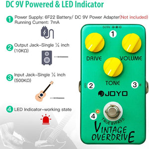 JOYO Vintage Overdrive Pedal Classic Tube Screamer Pedal for Electric Guitar Effect - True Bypass (JF-01)