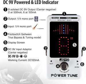 JOYO Power Supply Tuner Pedal with Isolated 8-Channel (2 at 500mA, 6 at 100mA) Low Noise DC 9V Output - True Bypass (Power Tune JF-18R)