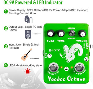 JOYO Octave Fuzz Pedal Germanium Fuzz 60's Rock Effect with "Mid-cut" for Electric Guitar - True Bypass (Voodoo Fuzz JF-12)