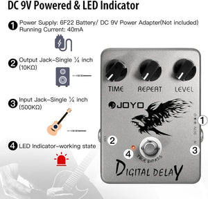 JOYO Digital Delay Effect Pedal for Electric Guitar & Bass Delay Time Range 25ms-600ms Sounds "Analog" Delay - True Bypass (JF-08)