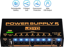 Load image into Gallery viewer, JOYO Built-in 4400mAh Rechargeable Battery Guitar Effect Pedal Power Supply 8 Outputs 9V 12V 18V (100mA, 500mA) Jacks &amp; 5V/1A USB Port (JP-05)
