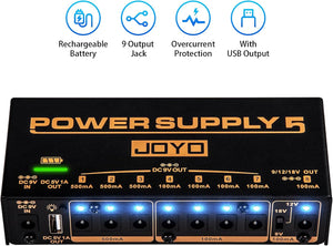 JOYO Built-in 4400mAh Rechargeable Battery Guitar Effect Pedal Power Supply 8 Outputs 9V 12V 18V (100mA, 500mA) Jacks & 5V/1A USB Port (JP-05)