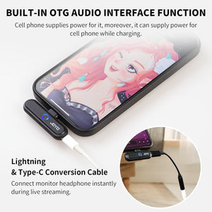 JOYO Wireless Audio Interface Transmitter and Receiver for Live Streaming Amplifier 3.5mm Stereo Recording and Playing with Phone Tablet & PC Background Music, with Type USB C & Lightning (JW-05R)