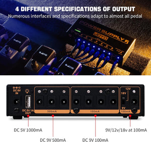 JOYO Built-in 4400mAh Rechargeable Battery Guitar Effect Pedal Power Supply 8 Outputs 9V 12V 18V (100mA, 500mA) Jacks & 5V/1A USB Port (JP-05)