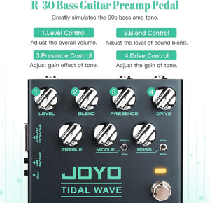 JOYO Bass Guitar Pedals Preamp Overdrive Pedal with EQ and Noise Reduction DI Output for Pop Funk Metal Bassist Electric Guitar (TIDAL WAVE R-30)