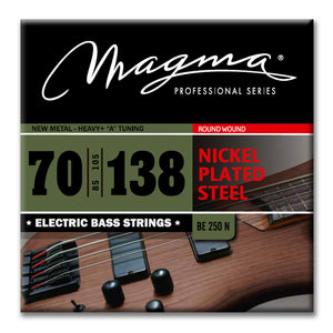 Magma New Metal - Heavy + "A" Tuning Electric Bass Strings - Nickel Plated Steel, 70-158 Gauge Long Scale Strings - 34 inch New Metal - 4 String Set - String gauges: 70-85 - 105-138 (BE250N)