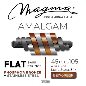 Magma Electric Bass Strings Medium - AMALGAM Phosphor Bronze/Stainless Steel FLAT Wound- Long Scale 34" Set, .045 - .105 (BE170PNSF) 1 Set