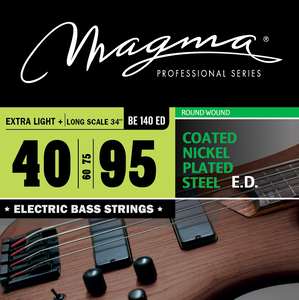 Magma Electric Bass Strings Extra Light+ - COATED Nickel Plated Steel Round Wound - Long Scale 34" Set, .040 - .095 (BE140ED)