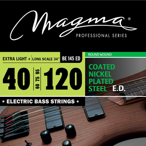 Magma Electric Bass Strings Extra Light+ - COATED Nickel Plated Steel Round Wound - Long Scale 34" 5 Strings Set, .040 - .120 (BE145ED)