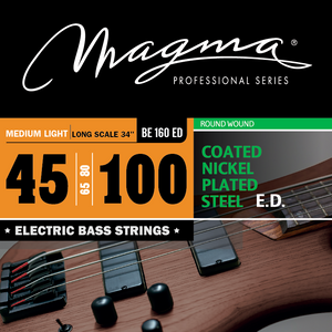Magma Electric Bass Strings Medium Light - COATED Nickel Plated Steel Round Wound - Long Scale 34" Set, .045 - .100 (BE160ED)