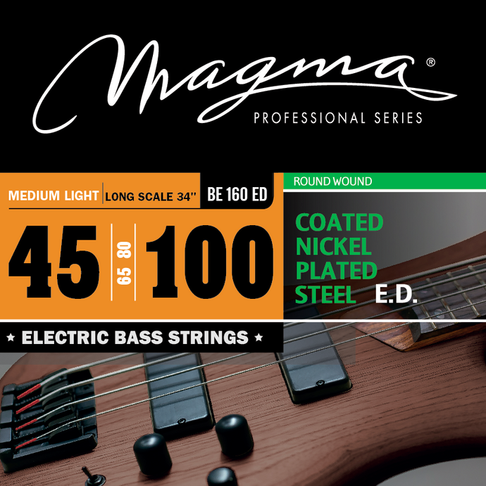 Magma Electric Bass Strings Medium Light - COATED Nickel Plated Steel Round Wound - Long Scale 34