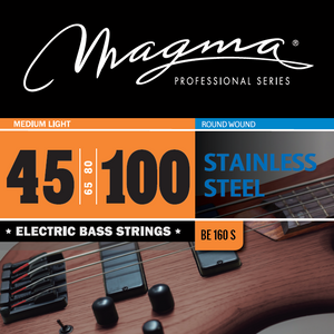 Magma Electric Bass Strings Medium Light - Stainless Steel Round Wound - Long Scale 34" Set, .045 - .100 (BE160S)