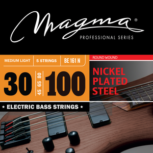 Magma Electric Bass Strings Medium Light - Nickel Plated Steel Round Wound - Long Scale 34" High C Set, .030 - .100 (BE161N)