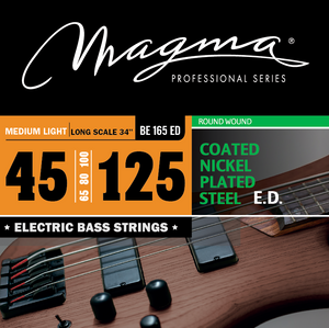 Magma Electric Bass Strings Medium Light - COATED Nickel Plated Steel Round Wound - Long Scale 34" 5 Strings Set, .045 - .125 (BE165ED)