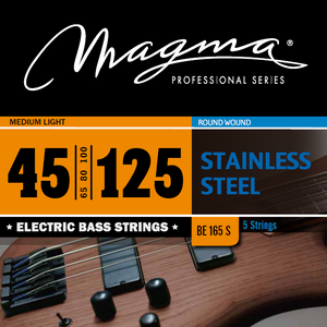 Magma Electric Bass Strings Medium Light - Stainless Steel Round Wound - Long Scale 34" 5 Strings Set, .045 - .125 (BE165S)