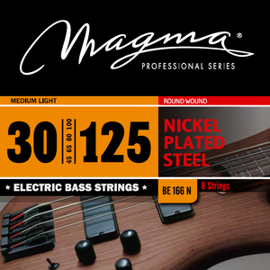 Magma Electric Bass Strings Medium Light - Nickel Plated Steel Round Wound - Long Scale 34" 6 Strings Set, .030 - .125 (BE166N)