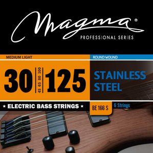 Magma Electric Bass Strings Medium Light - Stainless Steel Round Wound - Long Scale 34" 6 Strings Set, .030 - .125 (BE166S)
