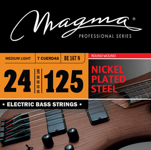 Magma Electric Bass Strings Medium Light - Nickel Plated Steel Round Wound - Long Scale 34" 7 Strings Set, .024 - .125 (BE167N)