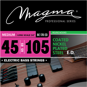 Magma Electric Bass Strings Medium - COATED Nickel Plated Steel Round Wound - Long Scale 34" Set, .045 - .105 (BE170ED)