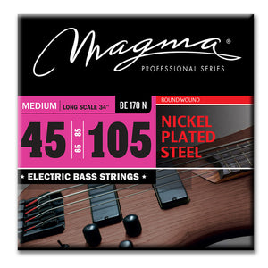 Magma Electric Bass Strings Medium - Nickel Plated Steel Round Wound - Long Scale 34" Set, .045 - .105 (BE170N)