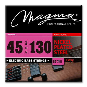 Magma Electric Bass Strings Medium - Nickel Plated Steel Round Wound - Long Scale 34" 5 Strings Set, .045 - .130 (BE175N)
