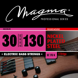 Magma Electric Bass Strings Medium - Nickel Plated Steel Round Wound - Long Scale 34" 6 Strings Set, .030 - .130 (BE176N)