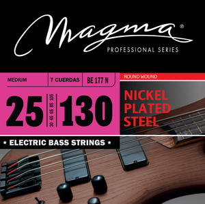Magma Electric Bass Strings Medium - Nickel Plated Steel Round Wound - Long Scale 34" 7 Strings Set, .025 - .130 (BE177N)