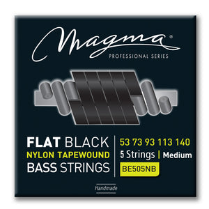 Magma Electric Bass Strings Medium - Flat Black Nylon Tapewound Strings - Long Scale 34" 5 Strings Set, .053 - .130 (BE505NB)