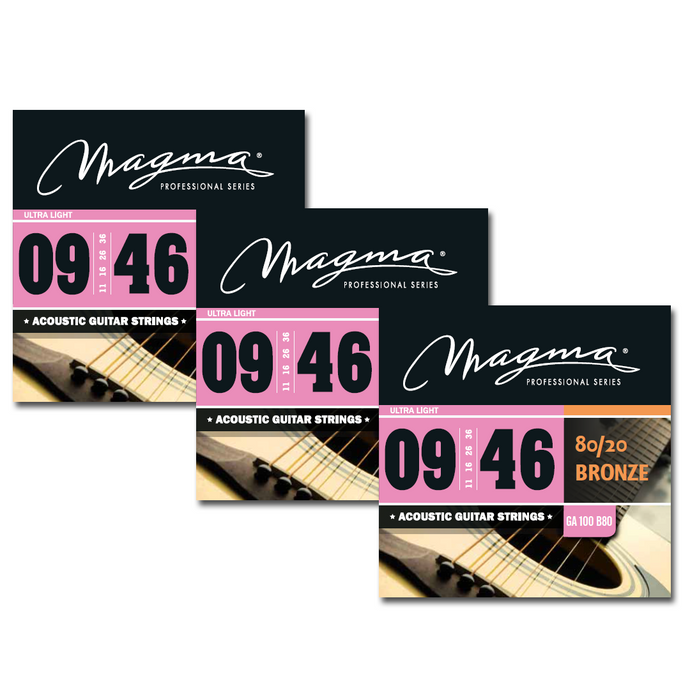 Magma Acoustic Guitar Strings Ultra Light Gauge 80/20 Bronze 3 Set, .009 - .046 (FBA-GA100B80-3)