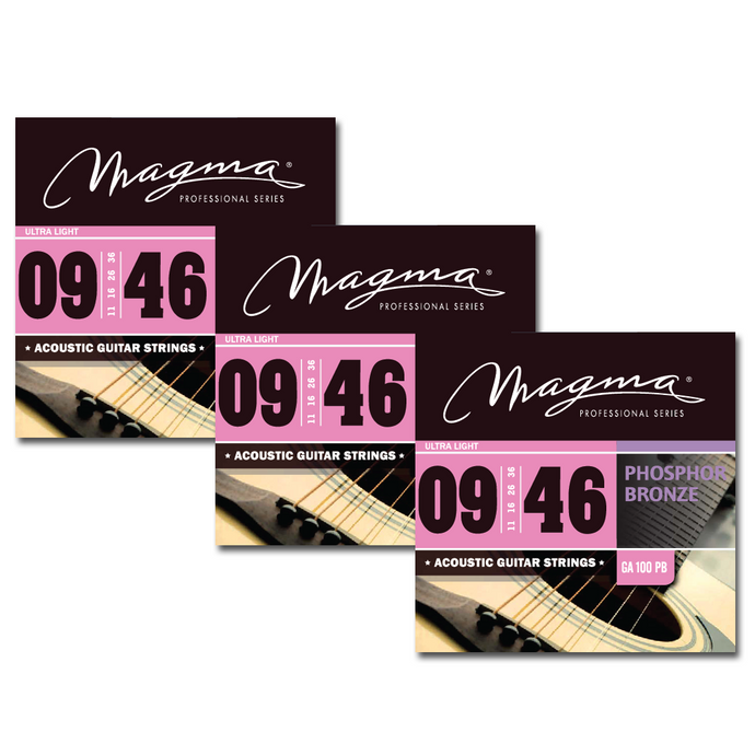 Magma Acoustic Guitar Strings Ultra Light Gauge Phosphor Bronze 3 Set, .009 - .046 (FBA-GA100PB-3)