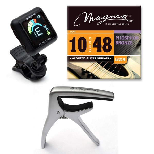 Magma Acoustic Guitar Accessories Kit Includes 1 Acoustic Guitar Strings, 1 Capo and 1 Rechargeable Clip Tuner