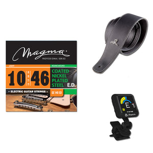 KIT MAGMA FOR ELECTRIC GUITAR, ONE LEATHER STRAP ONE CHROMATIC TUNER RECHARGE AND ONE SET ELECTRIC GUITAR STRINGS LIGHT GUAGE 10-46