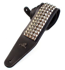 Magma Leathers 3.15" Delux Argentinean PYRAMID NICKEL INLAYS Black Leather Guitar Strap (07MJ01B.)