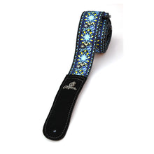 Load image into Gallery viewer, Magma Leathers 2&quot; Soft-hand Polyester Guitar Strap Sublimation-Printed with Blue Woodstock  Design, Genuine Leather Ends (07MS01BW.)
