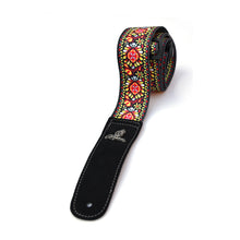 Load image into Gallery viewer, Magma Leathers 2&quot; Soft-hand Polyester Guitar Strap Sublimation-Printed with Red Woodstock  Design, Genuine Leather Ends (07MS01RW.)
