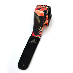 Magma Leathers 2" Soft-hand Polyester Guitar Strap Sublimation-Printed with Orange Flowers Design, Genuine Leather Ends (07MS03FO.)