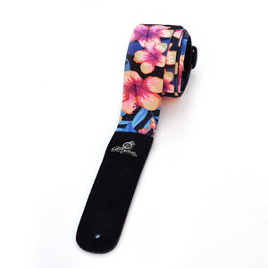 Magma Leathers 2" Soft-hand Polyester Guitar Strap Sublimation-Printed with Pink Flowers Design, Genuine Leather Ends (07MS03FP.)