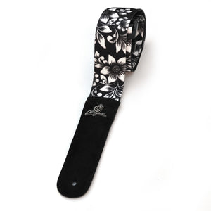Magma Leathers 2" Soft-hand Polyester Guitar Strap Sublimation-Printed with White Flowers Design, Genuine Leather Ends (07MS03FW.)